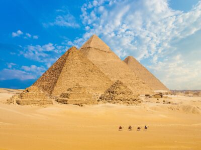 All Egypt Pyramids Camels Line Walking Wide Angle