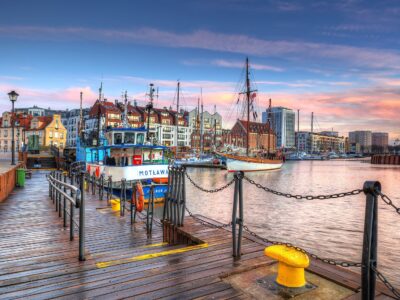GDANSK, POLAND - DECEMBER 8, 2017: Winter sunset at Motlawa rive