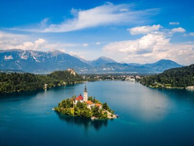 Slovenia - Aerial view resort Lake Bled. Aerial FPV drone photog